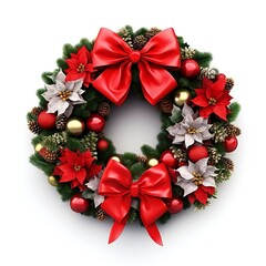 Fototapeta na wymiar Christmas Wreath with ribbons, balls and bow isolated. Generative ai