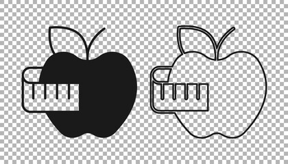 Black Apple and measuring tape icon isolated on transparent background. Excess weight. Healthy diet menu. Fitness diet apple. Vector