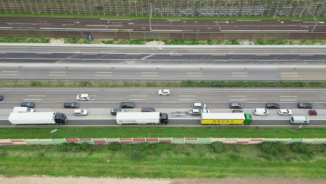 Weilbach, Germany - August 24, 2023: Dense traffic and traffic jam on German highway A3 between Raunheim and Wiesbadener Kreuz