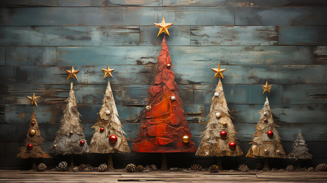 Christmas trees painted on a barn wood background - holiday decorations 