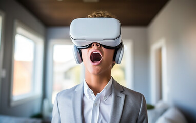 Surprise in virtual reality glasses. Emotions of a young guy. Looking to the future