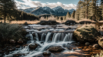 Photorealistic painting of a forest with a river flowing with crystal clear water, a waterfall and mountains in the background, Generative Ai.