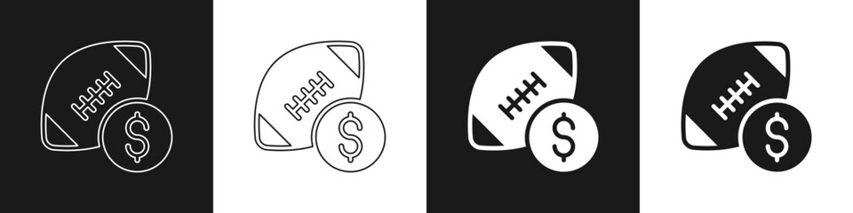 Set American football betting money icon isolated on black and white background. Football bet bookmaker. Soccer betting online make money. Vector