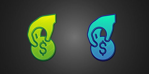 Green and blue Hand holding casino chips icon isolated on black background. Casino gambling. Vector