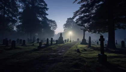 Foto op Aluminium Photo of a misty graveyard with ethereal light filtering through the trees © Anna