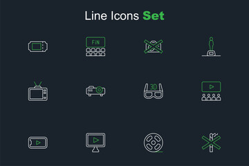 Set line No smoking, Film reel, Online play video, Cinema auditorium with screen, 3D cinema glasses, Movie, film, media projector and Retro tv icon. Vector