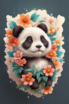 A detailed illustration of a cute panda with flowers ,print, t-shirt design.