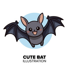 Cute funny flying bat Halloween cartoon character illustration. Hand drawn animal, flat style design, isolated vector. Kids seasonal print, autumn holiday party element, decoration