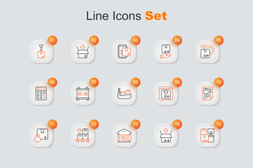 Set line Warehouse with boxes, Carton cardboard, Free storage, Cardboard pallet, Waybill, Online app delivery tracking and Cargo ship icon. Vector