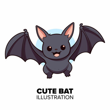 Cute funny flying bat Halloween cartoon character illustration: Playful Autumn Party Element.