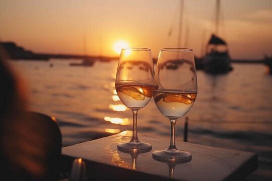 Glasses of wine on cafe table, romantic couple sit and relax on beach at sea on sunset and drink white wine blurred sea water