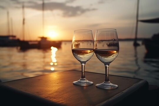 Glasses of wine on cafe table, romantic couple sit and relax on beach at sea on sunset and drink white wine blurred sea water