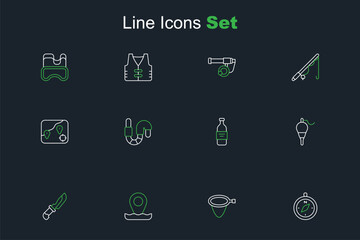 Set line Compass, Fishing net, Location fishing, Knife, float, Bottle of vodka, Worm and icon. Vector