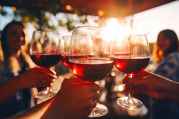 Joyful Friends Celebrating with Wine in Rustic Vineyard Setting