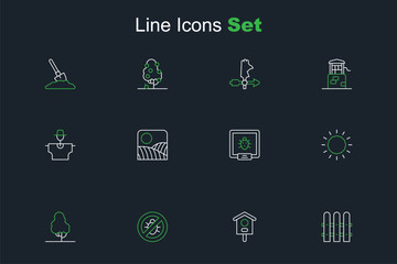 Set line Garden fence wooden, Bird house, Stop colorado beetle, Fruit tree, Sun, Colorado, Agriculture wheat field farm and Scarecrow icon. Vector