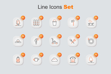 Set line Fruit tree, Farm house, Cloudy weather, Watering can, Spray against insects, Garden hose, Shovel and rake and Lawn mower icon. Vector