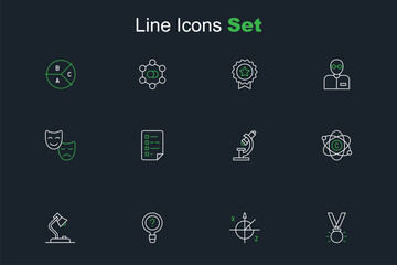 Set line Medal, Trigonometric circle, Unknown search, Table lamp, Atom, Microscope, Clipboard with checklist and Comedy and tragedy masks icon. Vector