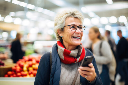 Senior Woman Grocery Shopping and Talking on Cell Phone