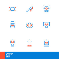 Set line Tombstone with RIP written, cross, Happy Halloween holiday, Bottle potion, Pumpkin, Spider and Bloody knife icon. Vector