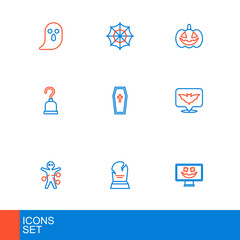 Set line Happy Halloween holiday, Tombstone with RIP written, Voodoo doll, Flying bat, Pirate hook, Coffin christian cross, Pumpkin and Spider web icon. Vector