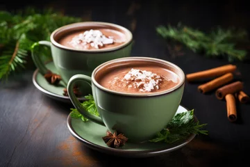 Fotobehang Rich Hot Chocolate in Matching Green Cups © Andrii 