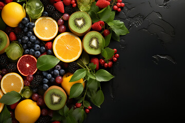 Background surrounded by fruits, Free space for your text. AI generative