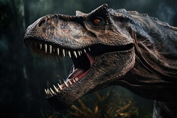 Fototapeta premium Closeup of roaring Tyrannosaurus Rex head, T-rex Jurassic prehistoric animal