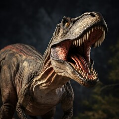 Tyrannosaurus Rex roaring in forest, T-rex Jurassic prehistoric animal