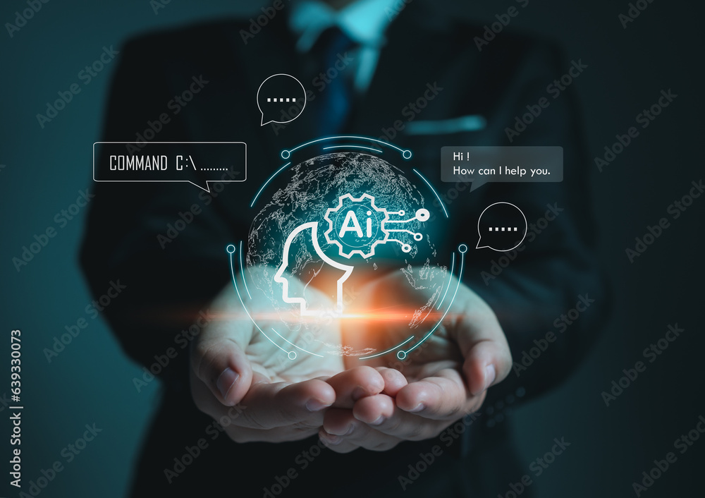 Poster bussiness man holding brain of ai, symbolic, machine learning, artificial intelligence of futuristic
