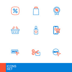 Set line Buy button, Scissors cuts discount coupon, Mobile with shopping cart, Shopping basket, Heart tag, Discount percent and Paper bag icon. Vector