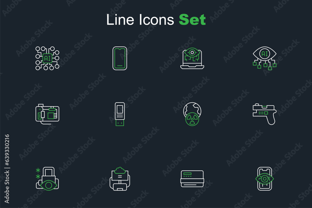 Wall mural Set line Computer vision, Credit card, Cloud database, Cyber security, Futuristic weapon, Planet earth and radiation, USB flash drive and Motherboard icon. Vector