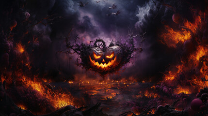 Scary Halloween Atmosphere: Purple Pumpkin in Angry and Mysterious Background. generative AI,