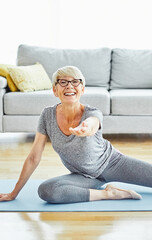 senior active exercise training sport fitness home stretching woman elderly pilates gym yoga indoor...