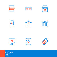 Set line Battery charge, Electrical panel, Smart Tv, cable, Refrigerator, home, Toolbox electrician and outlet icon. Vector