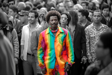 Naklejka premium Happy african man with colorful clothes in a crowd of black and white