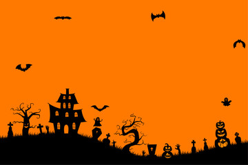 halloween background with pumpkins, spooky tree, vintage haunted house, and bats flying over cemetery