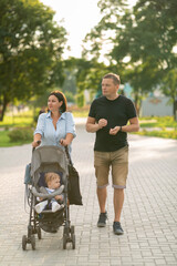 Fototapeta na wymiar A man and a woman walk in the park with a baby in a stroller