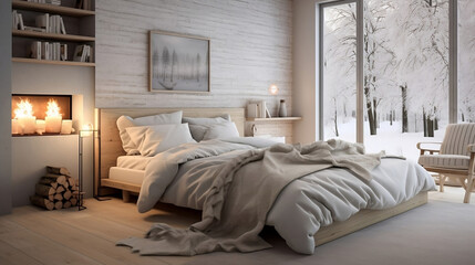 Cozy Winter Bedroom with Fireplace and Snowy View