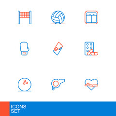 Set line Heart rate, Whistle, Bowling ball, Sports doping with dumbbell, Boxing glove, Flippers for swimming, mechanical scoreboard and Volleyball icon. Vector