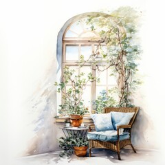 Fototapeta na wymiar Watercolor garden oasis balcony terrace with outdoor furniture and grape vine on big window. Cottage lifestyle concept