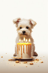 Cute white fluffy puppy with beautiful birthday cake with candles. Funny cute illustration on white background.
