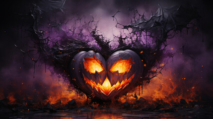 Scary Halloween Atmosphere: Purple Pumpkin in Angry and Mysterious Background. generative AI,