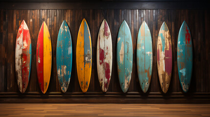 Surfboards lined up on barn wood - ocean - waves 
