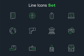 Set line Market store, Seller, Identification badge, Delivery hand with box, Stacks paper money cash, Bank building, Scanner scanning bar code and Worldwide icon. Vector