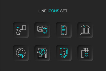 Set line Paper shopping bag, Shield with dollar, Market store, Worldwide shipping, Bank building, Financial check, Money shield and Scanner scanning bar code icon. Vector