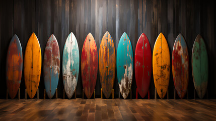Surfboards lined up on barn wood  - ocean - waves 