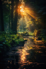 Fototapeta premium Beautiful fairy tale enchanted forest, magical fantasy scenery with big trees and greenery.