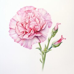 Pink watercolour carnation spring flower on white background. Blooming floral concept