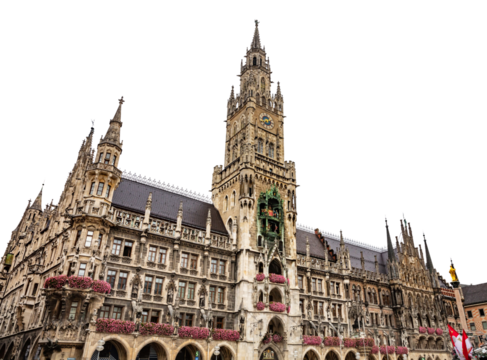 Munich, Germany. New Town hall at Marienplatz square isolated on white transparent background, PNG
