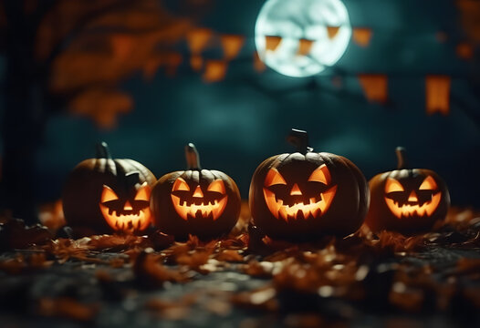 Halloween border background with creepy pumpkins 